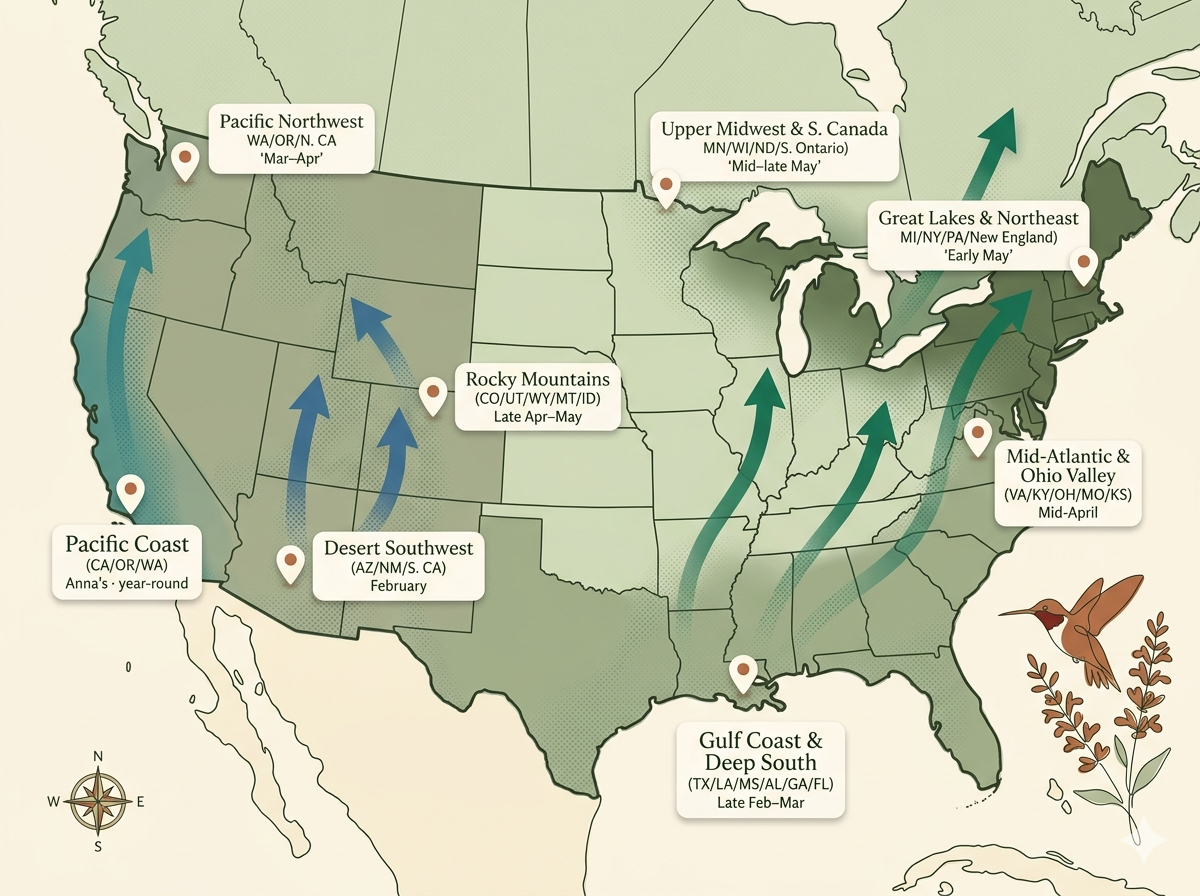 Illustrated map of the lower-48 United States showing spring hummingbird migration: Anna's on the Pacific Coast year-round, western species moving up from February through May, Ruby-throated Hummingbirds fanning across the East from the Gulf Coast in late February to southern Canada by mid-to-late May.